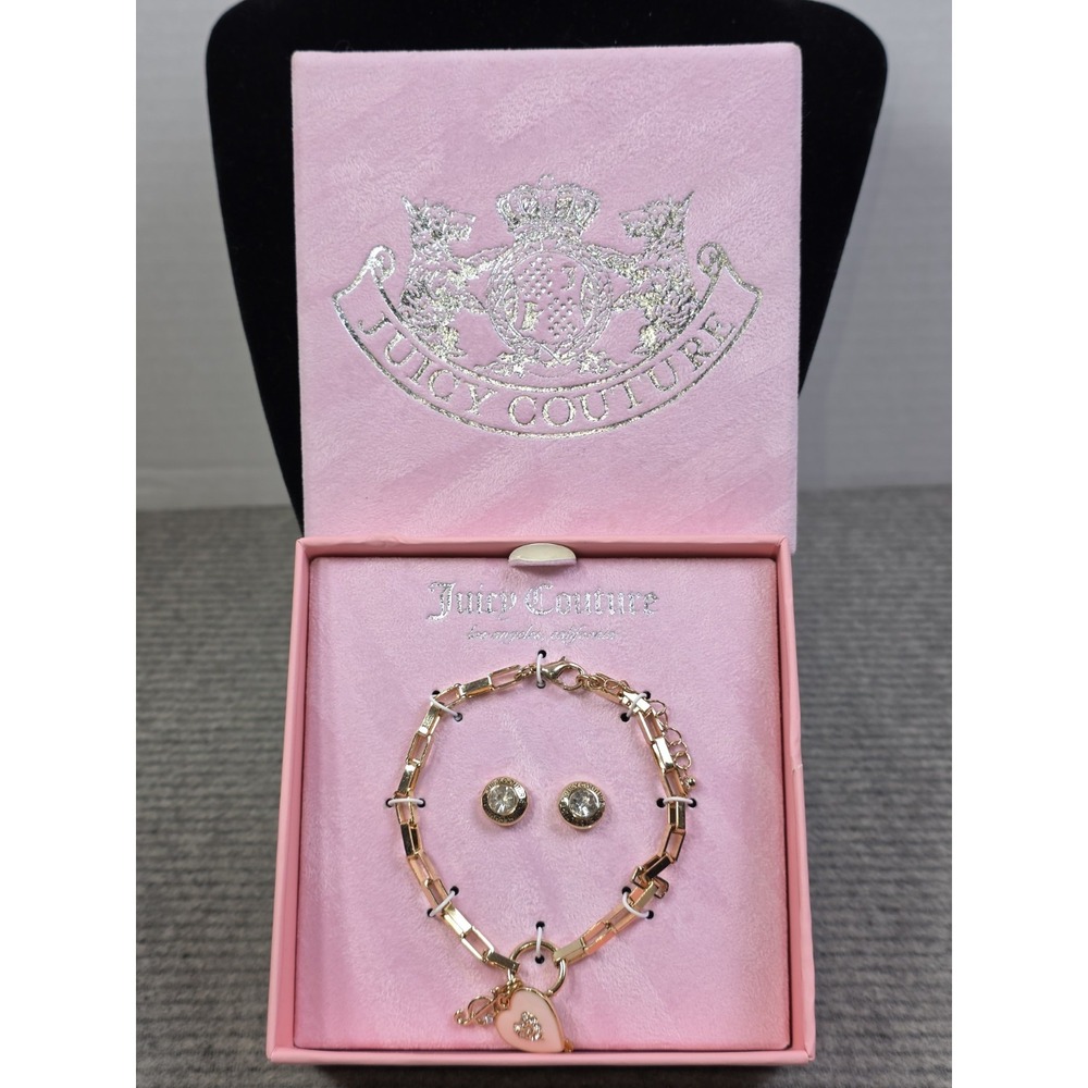 Juicy Couture Chain Link Charm Rhinestone Bracelet And Stud Earrings Gift Set